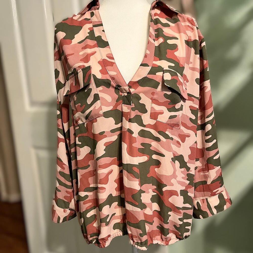 NY&C Pink Army Print Blouse, Size XXL